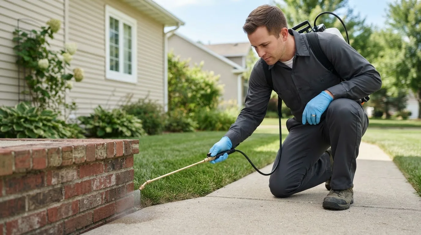 Pest control technician treating a home near New Buffalo, PA